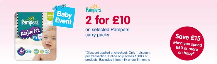 2 for £10 on selected Pampers nappies